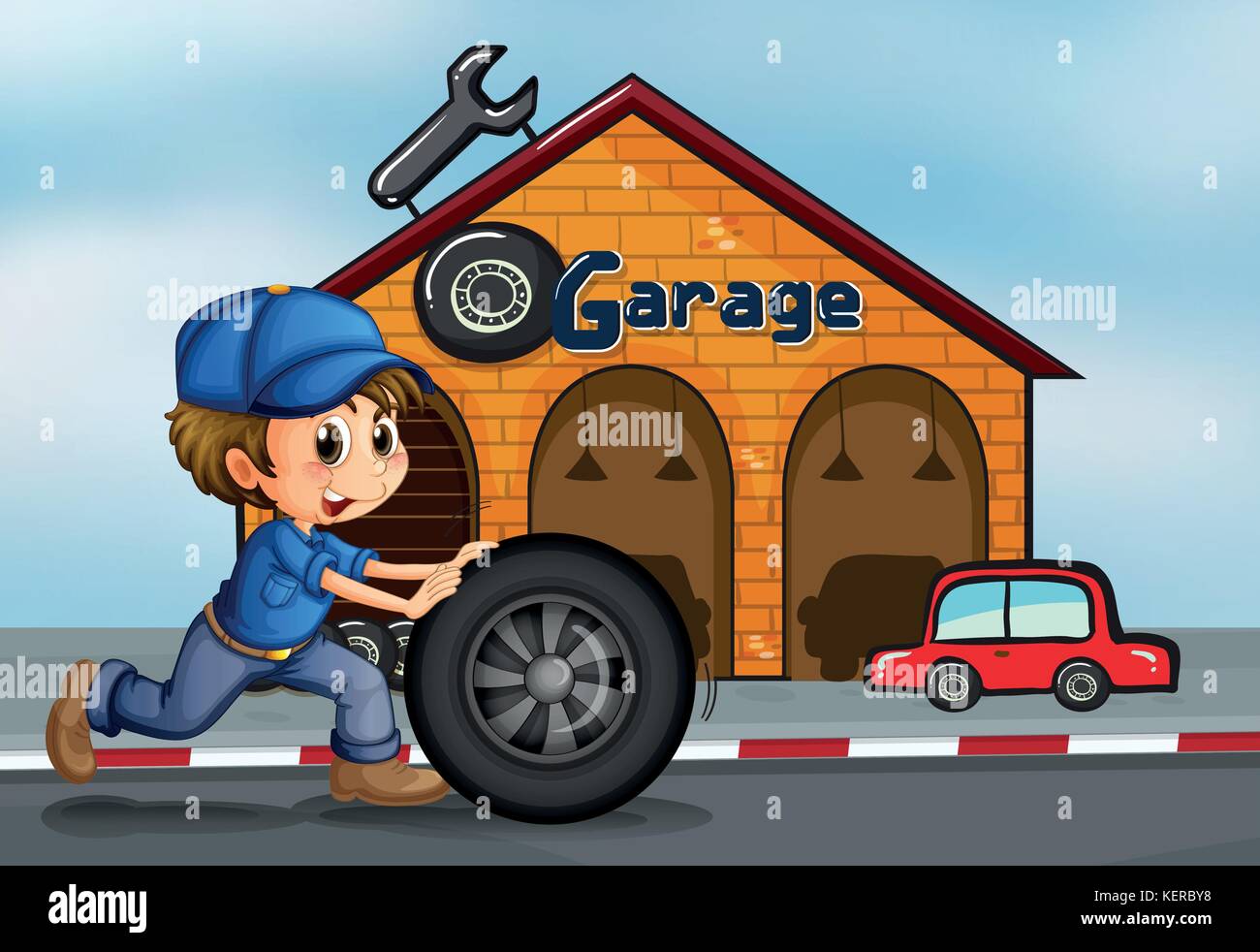 Illustration d'un jeune homme poussant le pneu en face du garage Illustration de Vecteur