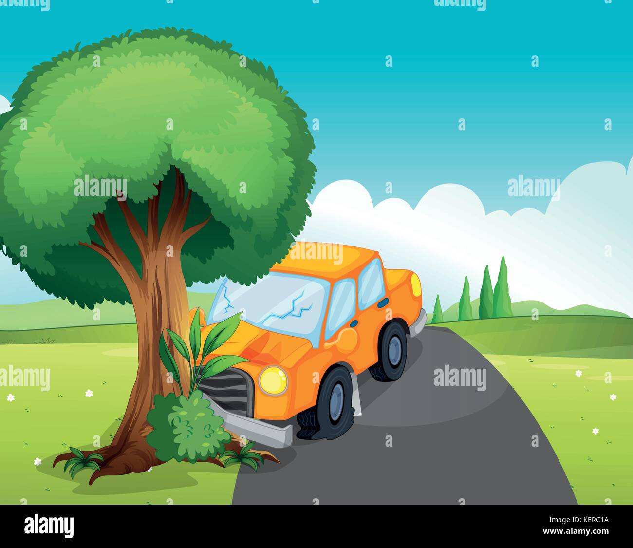 Illustration d'un accident de voiture sur la route avec un grand arbre Illustration de Vecteur
