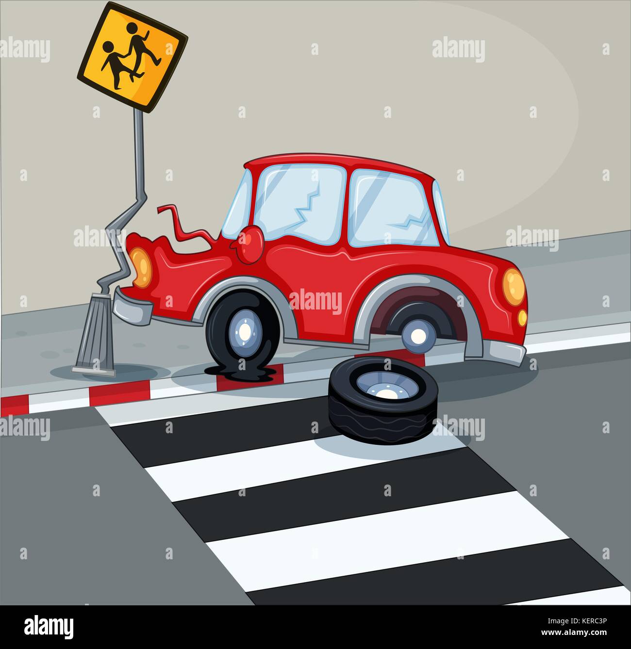 Illustration d'une voiture rouge se cogner la signalisation piétonnière près du Illustration de Vecteur