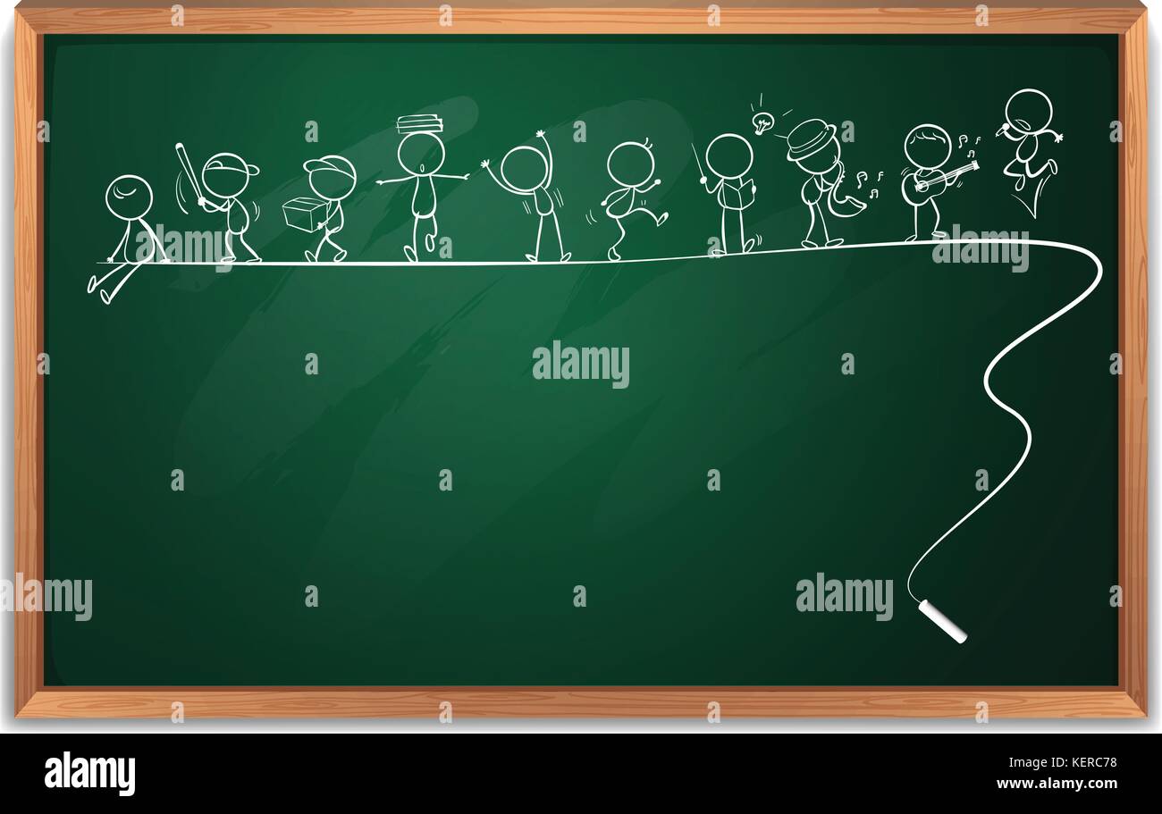 Illustration d'un tableau noir avec un dessin de gens se livrer à des activités différentes sur un fond blanc Illustration de Vecteur