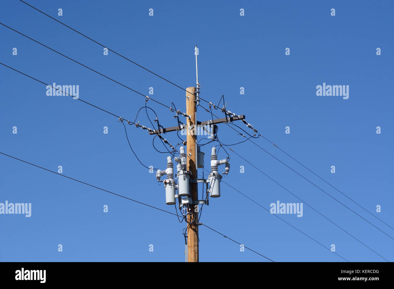 Les lignes d'alimentation électrique avec disjoncteurs de puissance et de l'antenne sur nouveau poteau en bois Banque D'Images