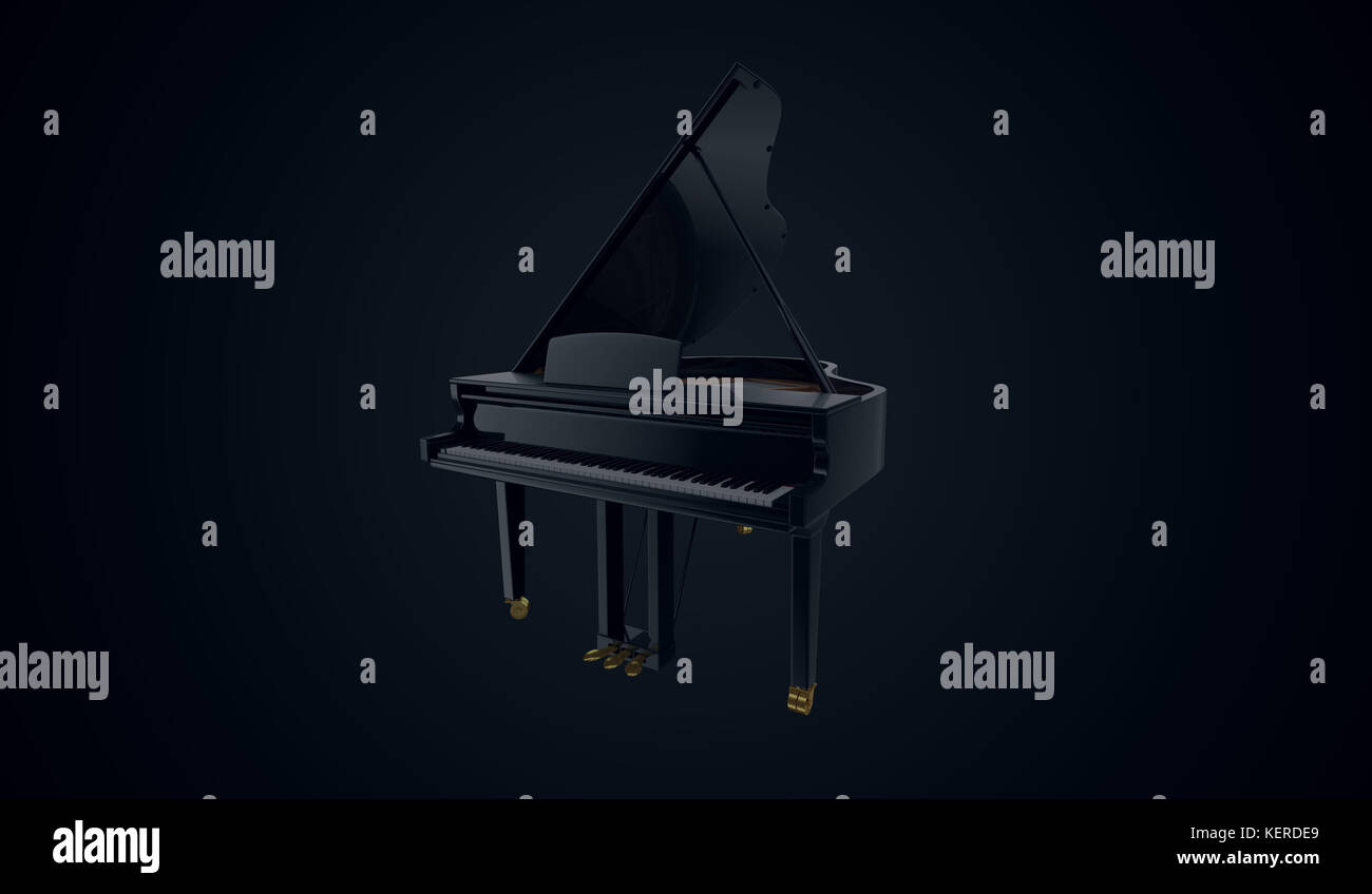 Piano noir de luxe dans la scène bleue sombre. Illustration de rendu 3D. Banque D'Images