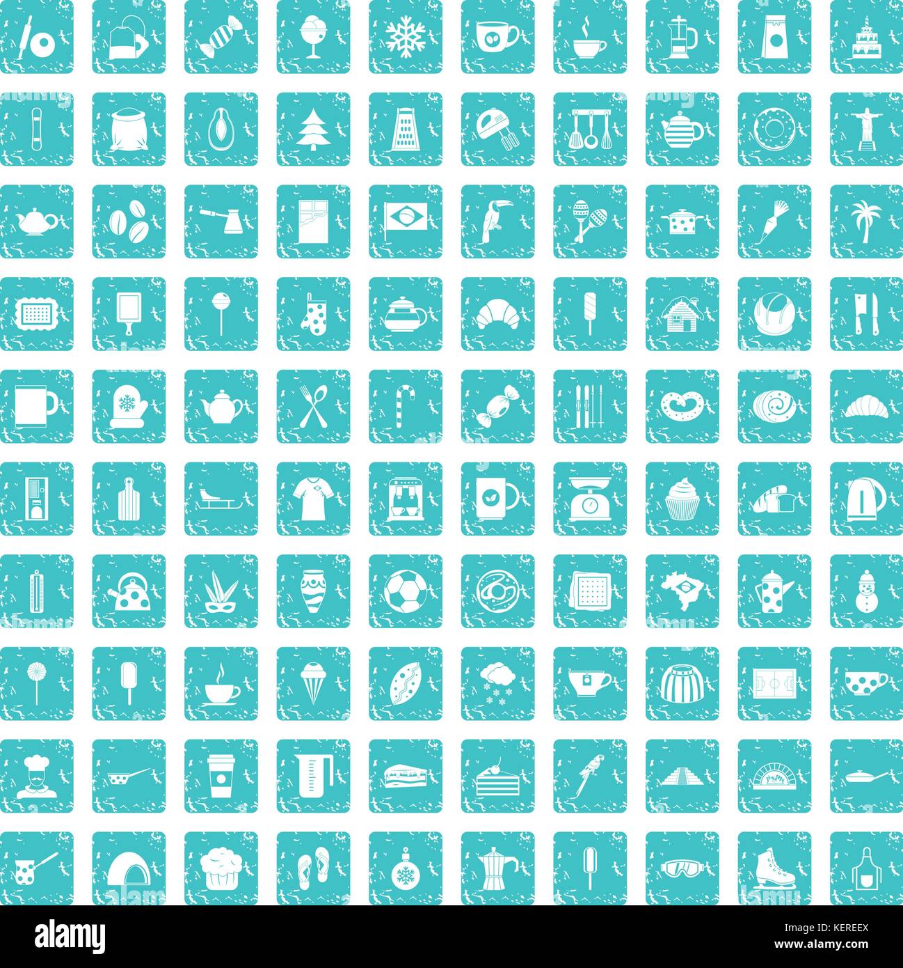 100 icons set café bleu grunge Illustration de Vecteur