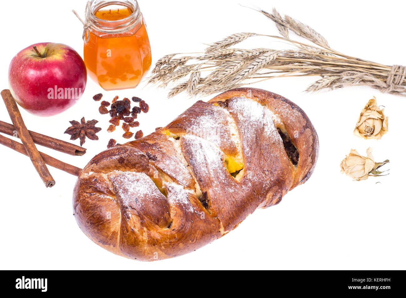 La challah, apple et le miel-illustration Roch hachana (nouvel an juif) sur fond blanc Banque D'Images