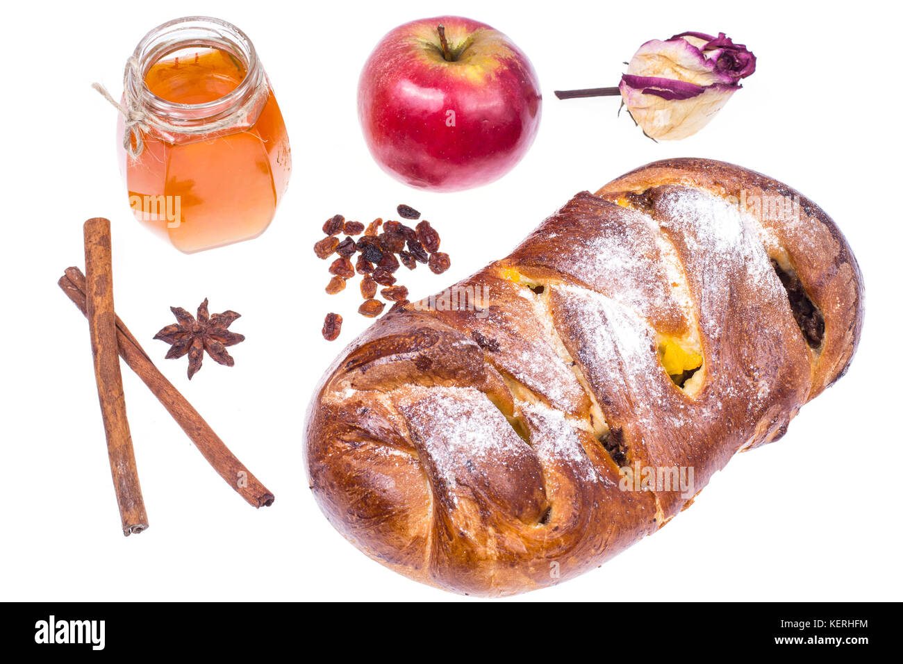 La challah, apple et le miel-illustration Roch hachana (nouvel an juif) sur fond blanc Banque D'Images