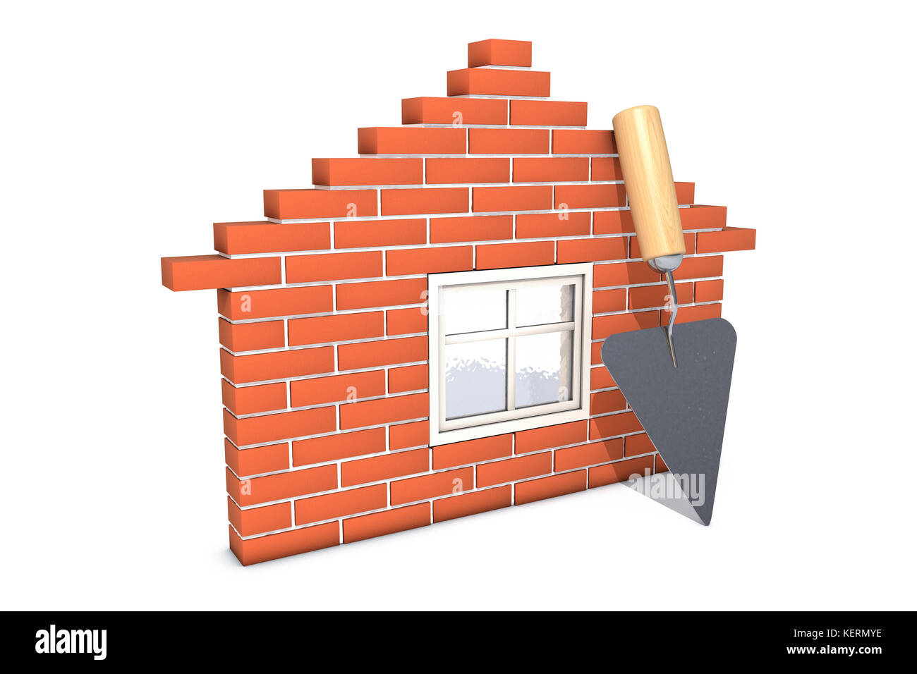 3d illustration : Schéma maison de briques rouges avec fenêtre en bois et verre appuyé contre elle avec une truelle isolé sur fond blanc. Business Banque D'Images