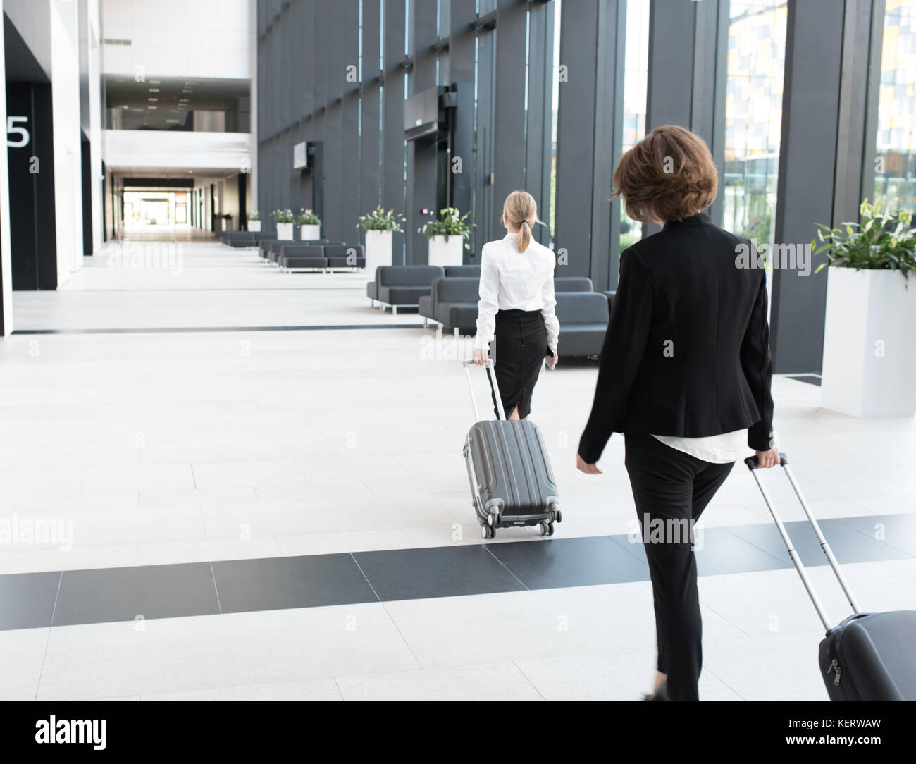 Les gens d'affaires dans l'Habillement formel walking in airport terminal avec des valises Banque D'Images