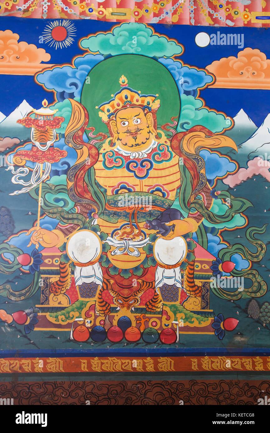 Détails de la peintures colorées dans palphug (monastère de Taktsang tiger's nest) vallée de Paro Asie Bhoutan Banque D'Images