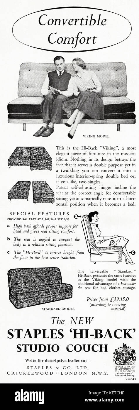 1950s ancienne publicité vintage publicité originale magazine britannique publicité Staples studio canapé par Royal nomination en date de 1958 Banque D'Images