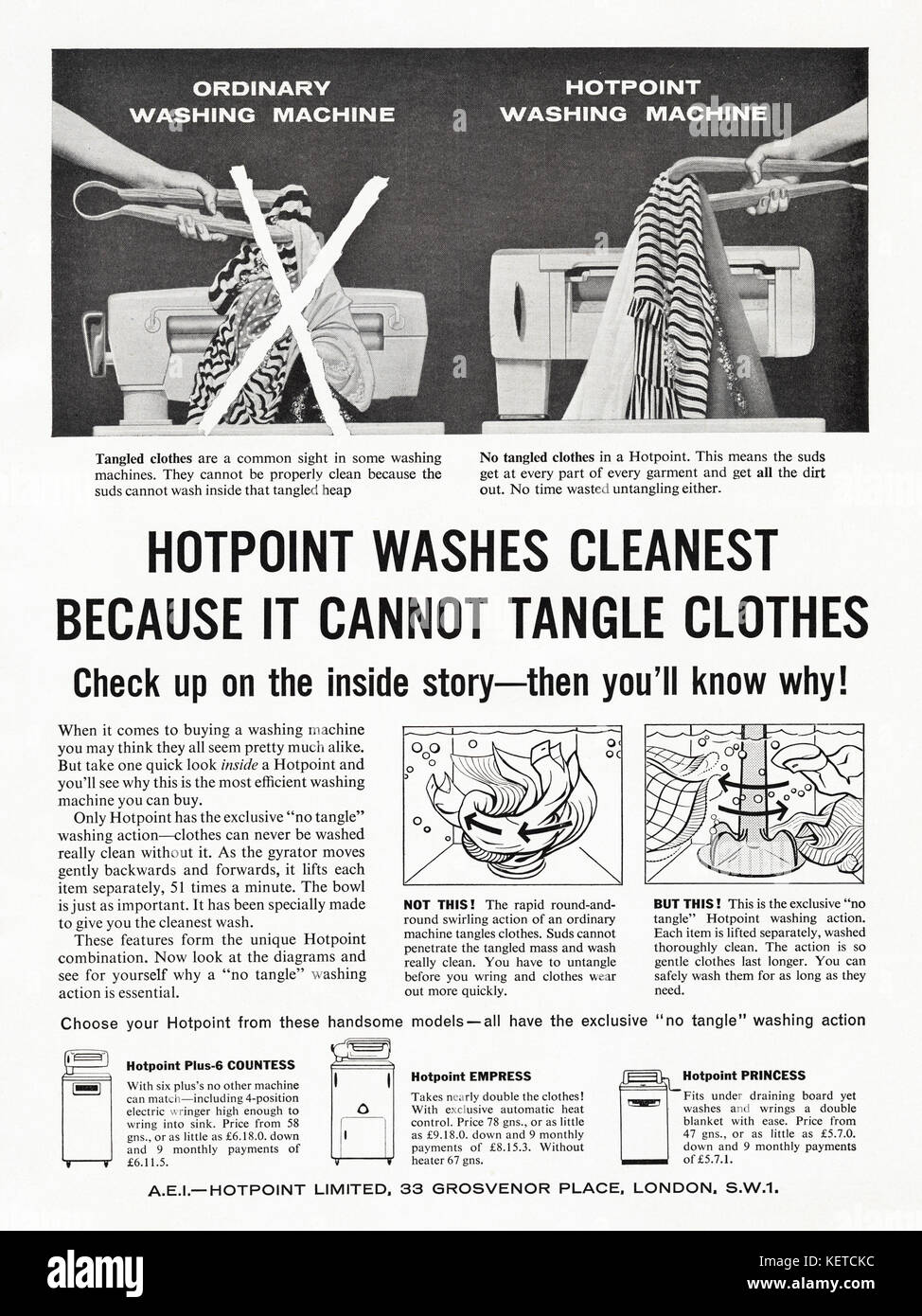 1950s vieux vintage publicité originale magazine britannique publicité publicitaire Hotpoint lave-linge en date de 1958 Banque D'Images