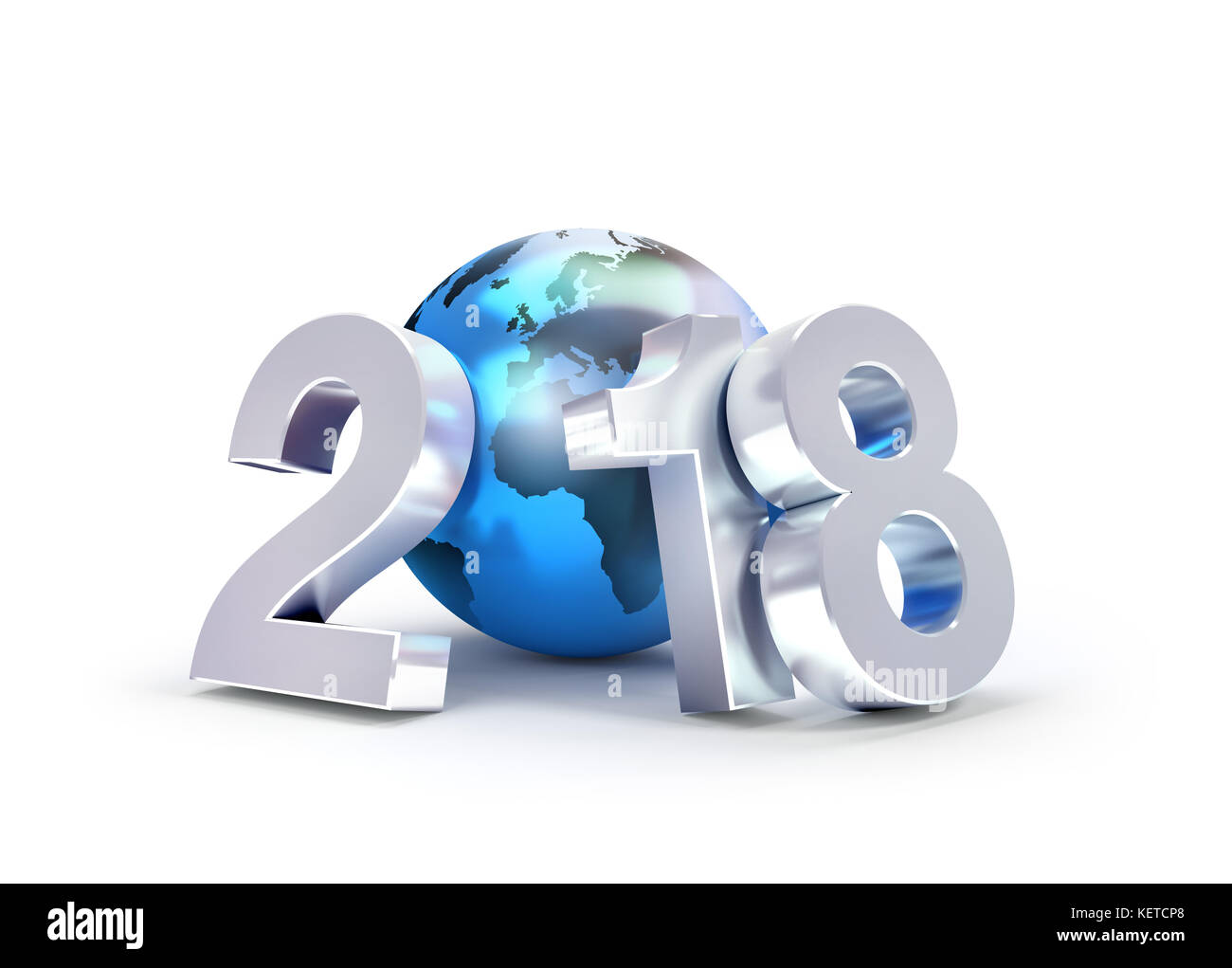 2018 Type nouvel an composé d'une planète terre bleue, isolé sur blanc - illustration 3D. Banque D'Images