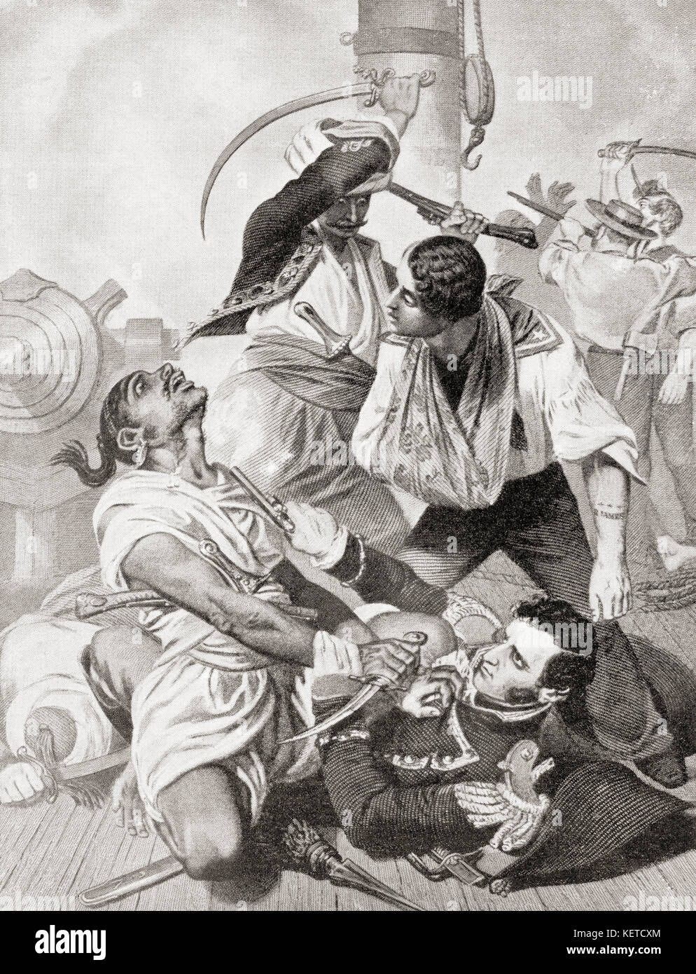 Stephen Decatur en combat au corps à corps avec l'ennemi à bord d'une canonnière tripolitaine pendant la première guerre barbare. Stephen Decatur, Jr., 1779 – 1820. Officier naval des États-Unis et commodore. Extrait de l'Histoire des Nations de Hutchinson, publié en 1915. Banque D'Images