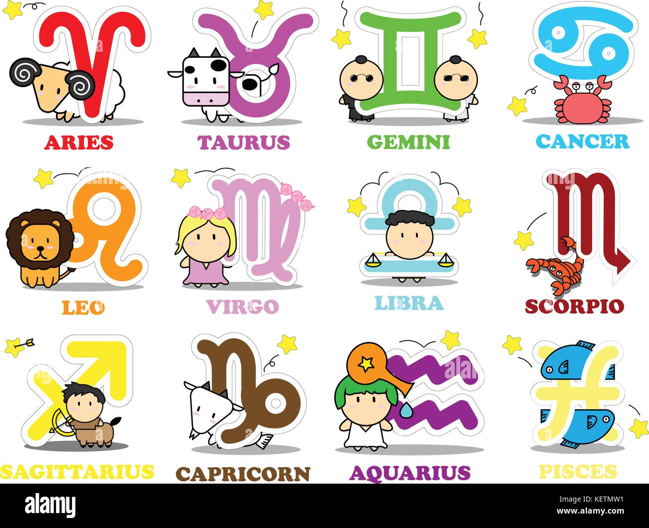 Douze cute cartoon avec de grands signe de zodiaque symbole icône vector isolé sur fond blanc Illustration de Vecteur
