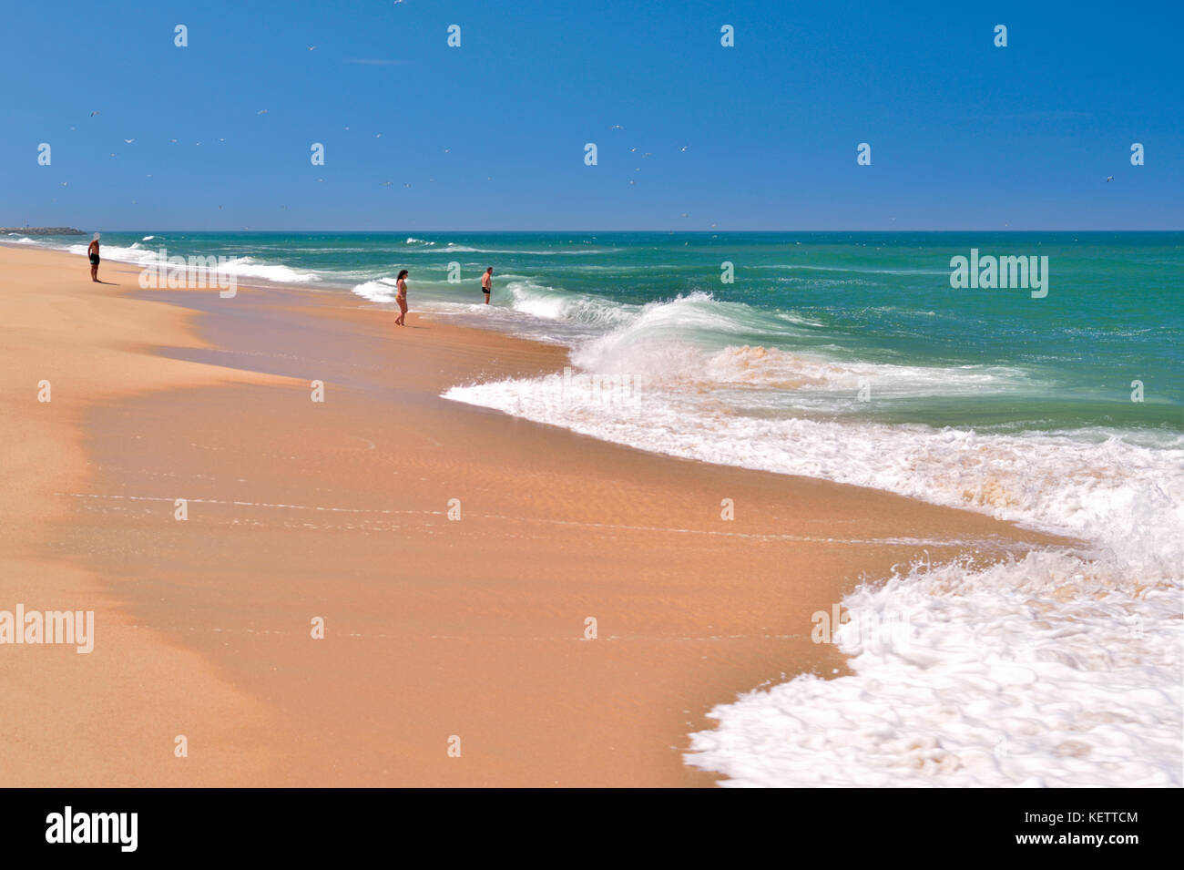 Les gens qui apprécient la journée chaude à la plage de sable avec de l'eau verte et des vagues douces Banque D'Images