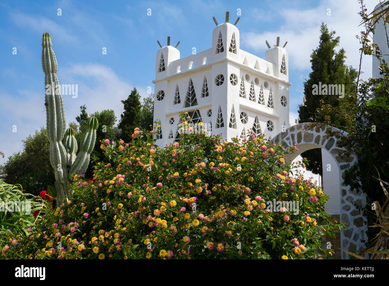 Splendeur de fleurs à un pigeonnier près Ano Mera, Mykonos, Grèce Banque D'Images
