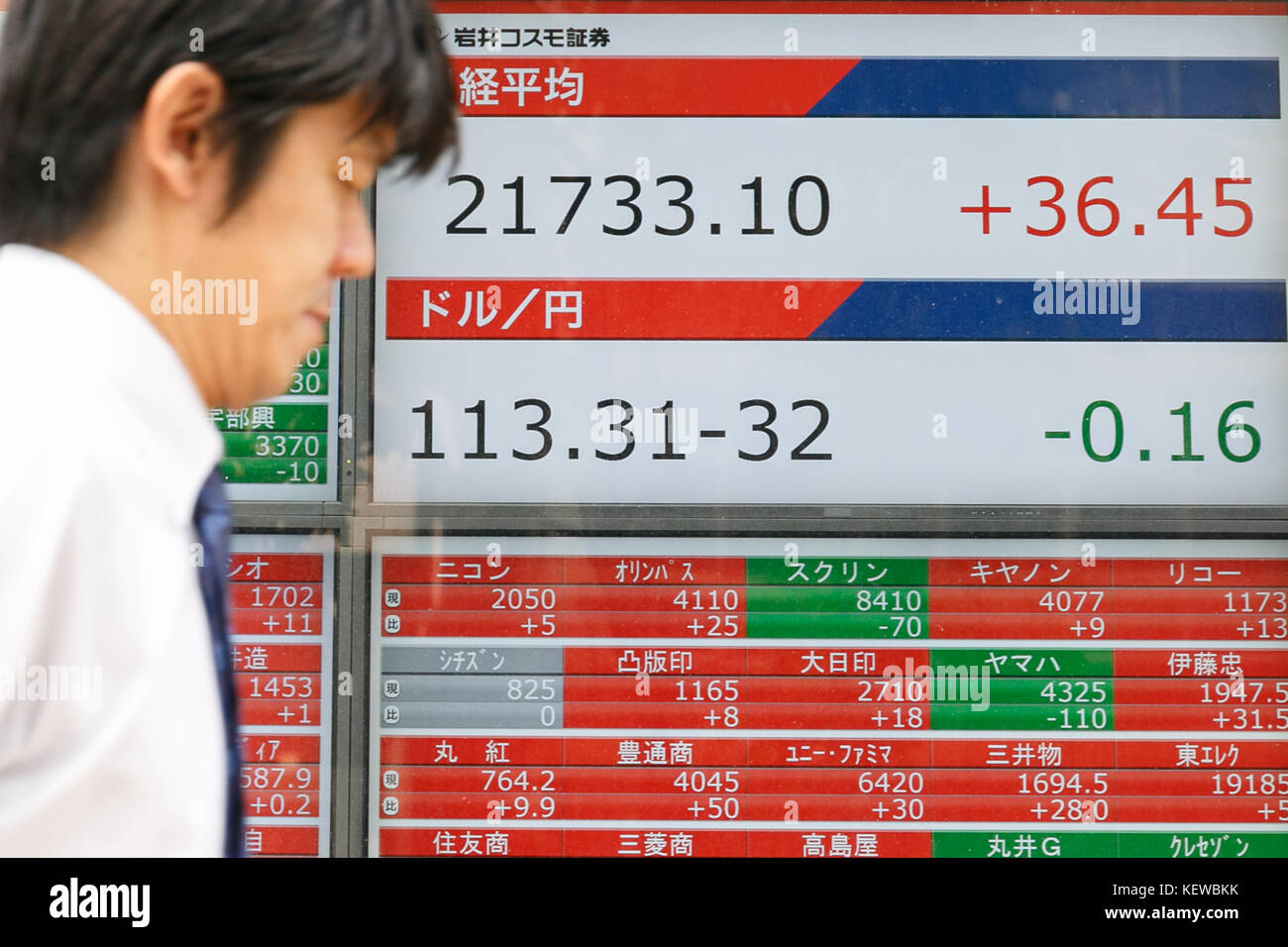 Tokyo, Japon. 24 octobre 2017. Un homme passe devant un tableau de stock électronique montrant le Nikkei Stock Average du Japon en hausse le 23 octobre 2017, Tokyo, Japon, le Nikkei Stock Average a augmenté de 108,52 points ou 0,50 précent pour clôturer à 21,805,17. Il s’agissait de la 16e session positive consécutive pour la moyenne Nikkei, son plus long record de victoires selon les Archives des indices Nikkei. Crédit : Rodrigo Reyes Marin/AFLO/Alamy Live News Banque D'Images