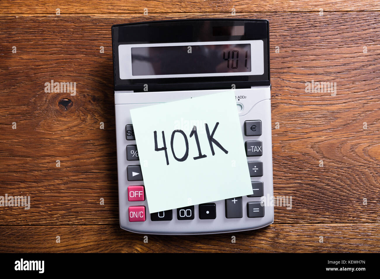 Portrait d'un budget de 401k dans la calculatrice de bureau en bois Banque D'Images