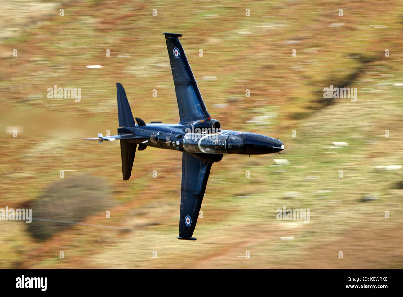 Royal Air Force T2 Hawk de BAE Systems (ZK036) vole bas niveau grâce à la boucle de Mach, Machynlleth, au Pays de Galles, Royaume-Uni Banque D'Images