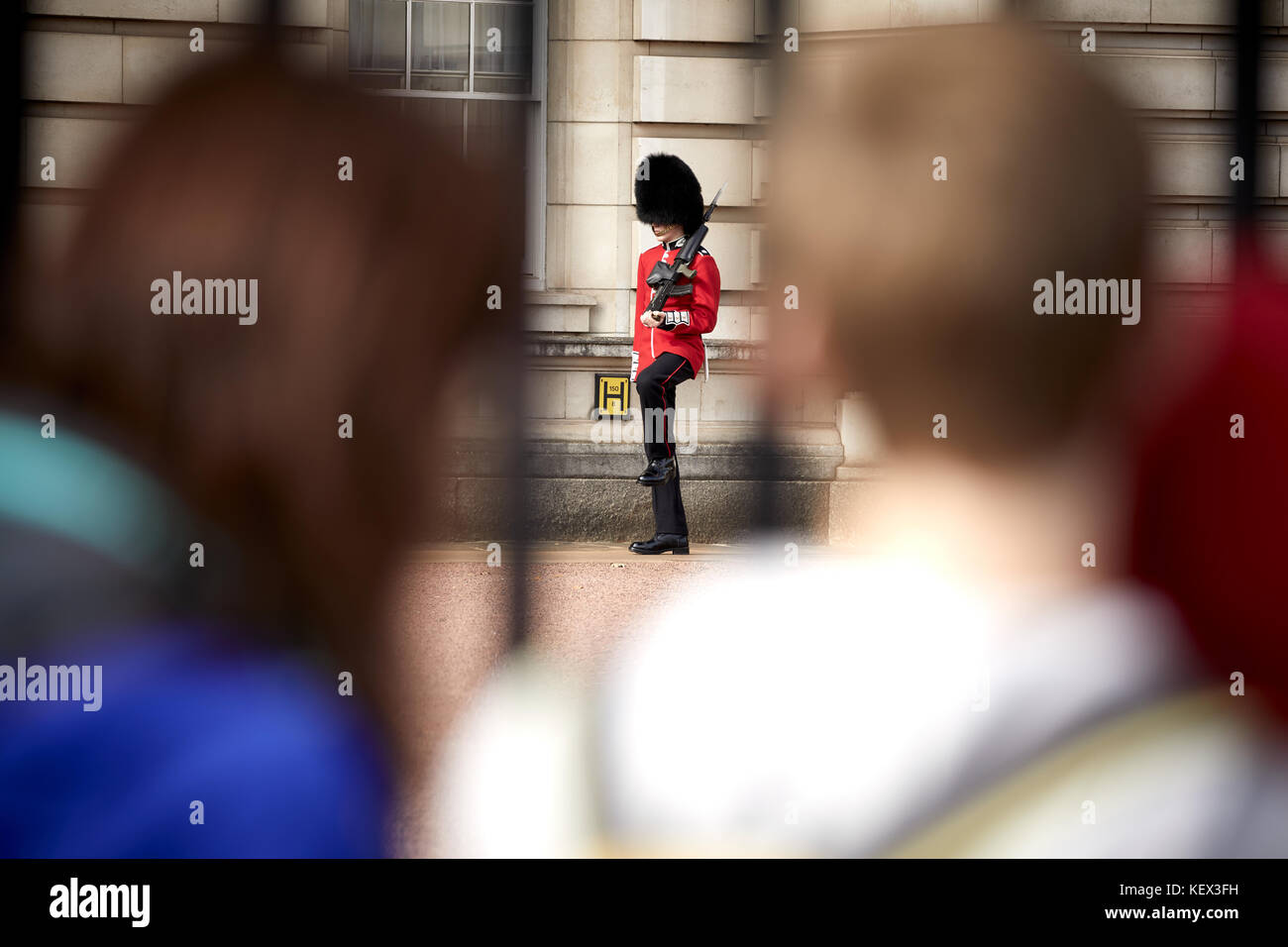 Buckingham Palace Queens protège-pieds dans une tunique rouge et d'ours Ville de Westminster à Londres La capitale de l'Angleterre Banque D'Images