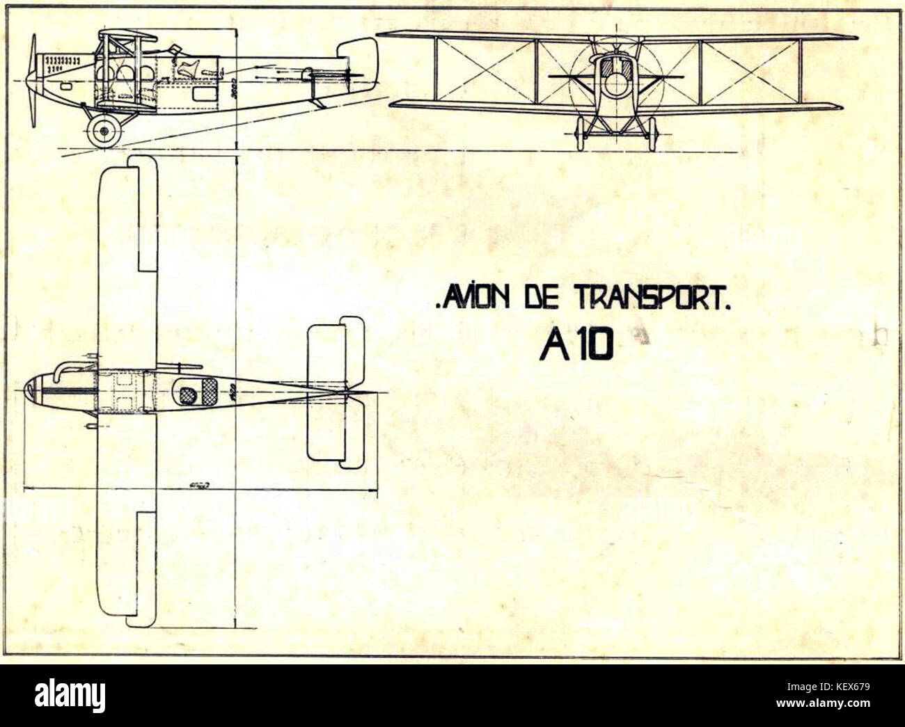 Un dessin technique de l'Aero A 10, un avion léger conçu à des fins militaires et de reconnaissance, illustrant ses spécifications et caractéristiques de conception. Banque D'Images