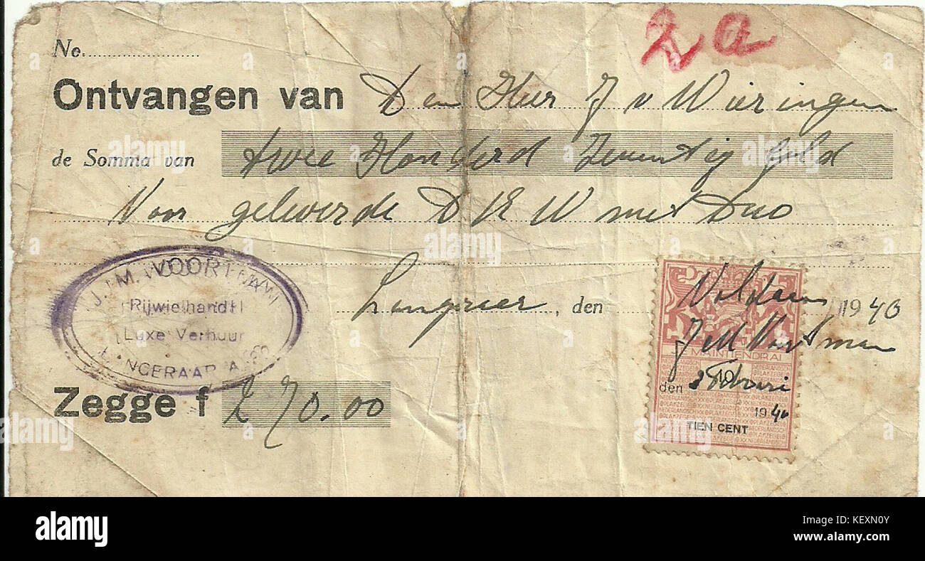 Un certificat d'achat pour une moto DKW Sport Duo datant de 1940, indiquant une transaction historique liée à la technologie automobile du début du XXe siècle. Banque D'Images