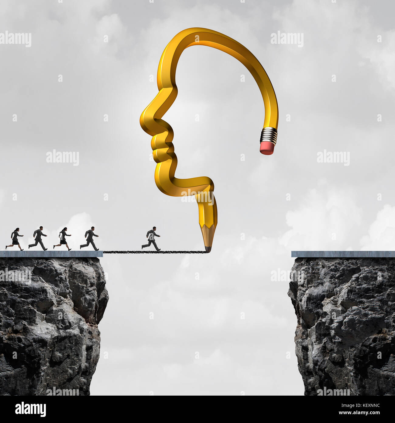 Idée pensée solution qu'un crayon en forme de tête humaine le dessin d'une ligne de pont pour employés à traverser avec un rendu 3d. Banque D'Images