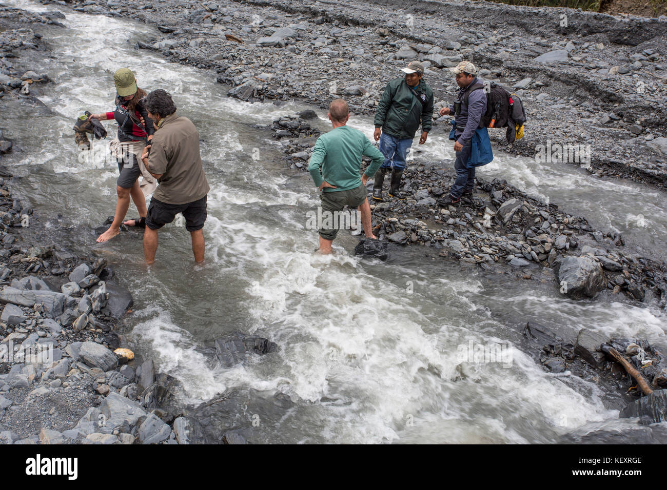 Photographie de cinq randonneurs crossing river dans la forêt de nuages du Pérou Banque D'Images