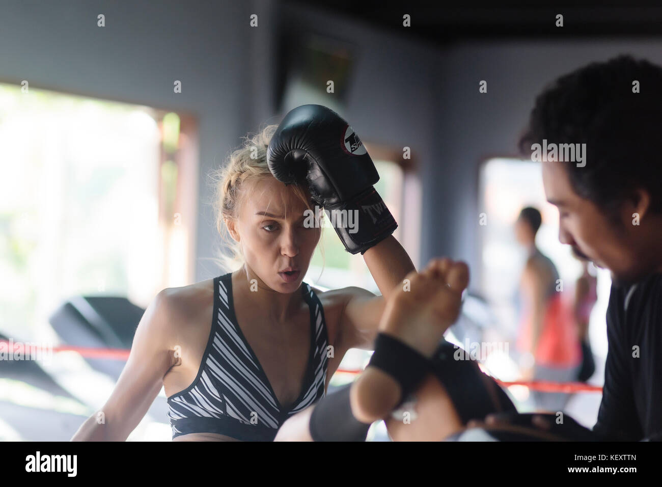 Jeune femme des coups tout en pratiquant le kickboxing avec coach, Seminyak, Bali, Indonésie Banque D'Images Jeune femme des coups tout en pratiquant le kickboxing avec coach, Seminyak, Bali, Indonésie Banque D'Images
