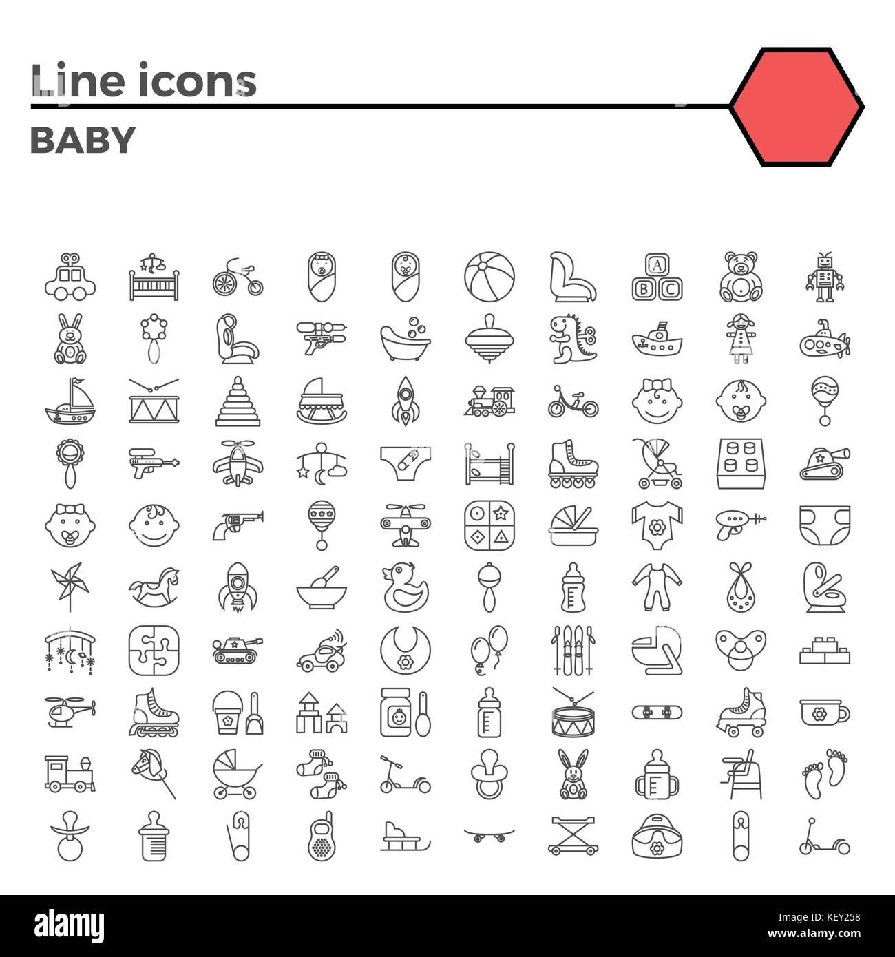 Les icônes de la ligne mince bébé situé sur fond blanc. Pictogramme linéaire mono simple course Pack Logo Vector Concept pour les graphiques Web. Illustration de Vecteur