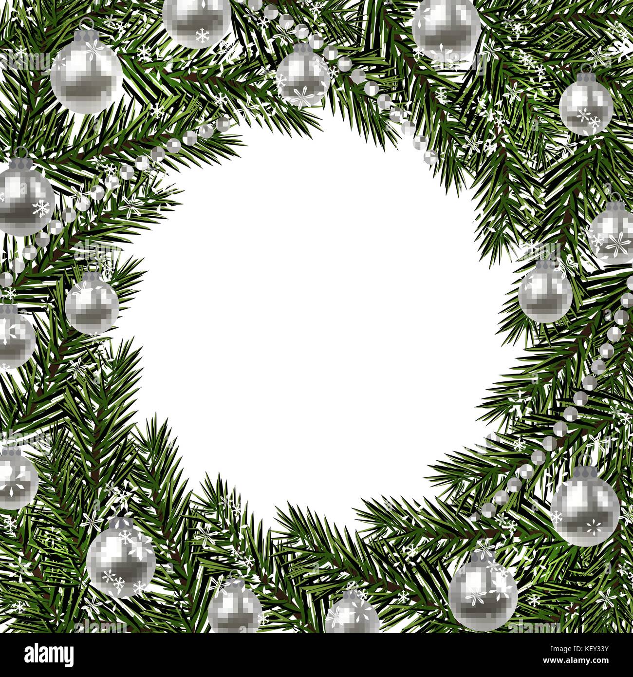 Noël Nouvel an. une branche verte de l'épinette dans un cercle et les flocons d'argent perles et boules. sur un fond blanc. illustration isolé Illustration de Vecteur