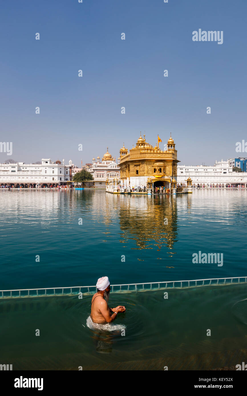 Dévot sikh, l'homme se baignant dans la piscine du Golden Temple d'Amritsar, le lieu le plus sacré de pèlerinage et gurdwara sikh, Amritsar, Punjab, India Banque D'Images