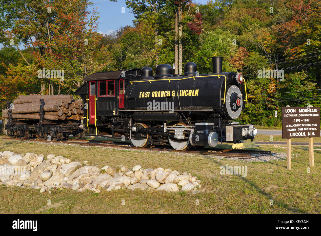 La branche est & Lincoln railroad porter 50 tonnes moteur réservoir selle locomotive sur l'affichage à loon mountain, New Hampshire. Banque D'Images