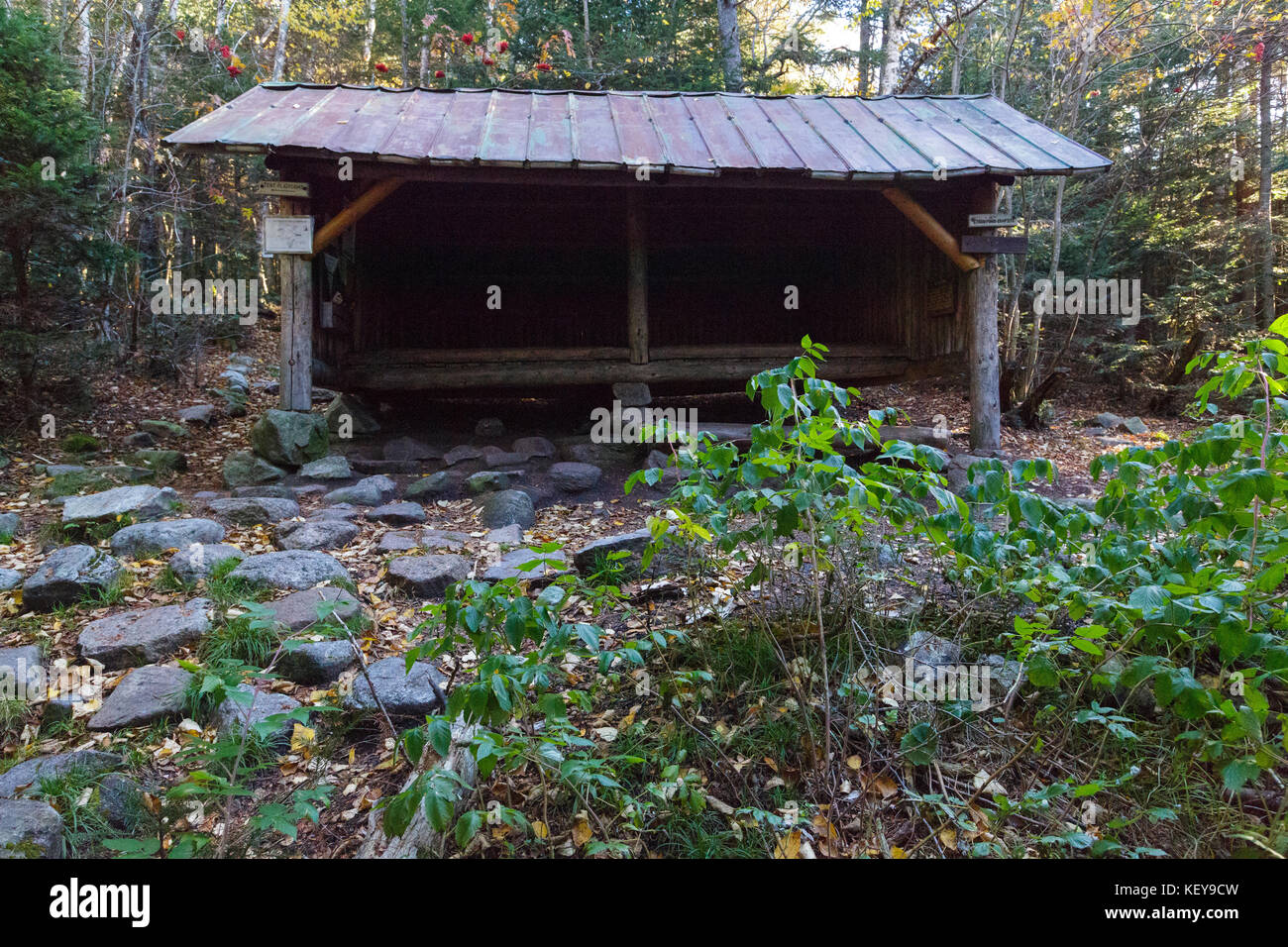 Ethan étang refuge situé juste à côté de l'étang d'Ethan Trail (Sentier des Appalaches) dans les montagnes Blanches du New Hampshire durant les mois d'automne. Banque D'Images