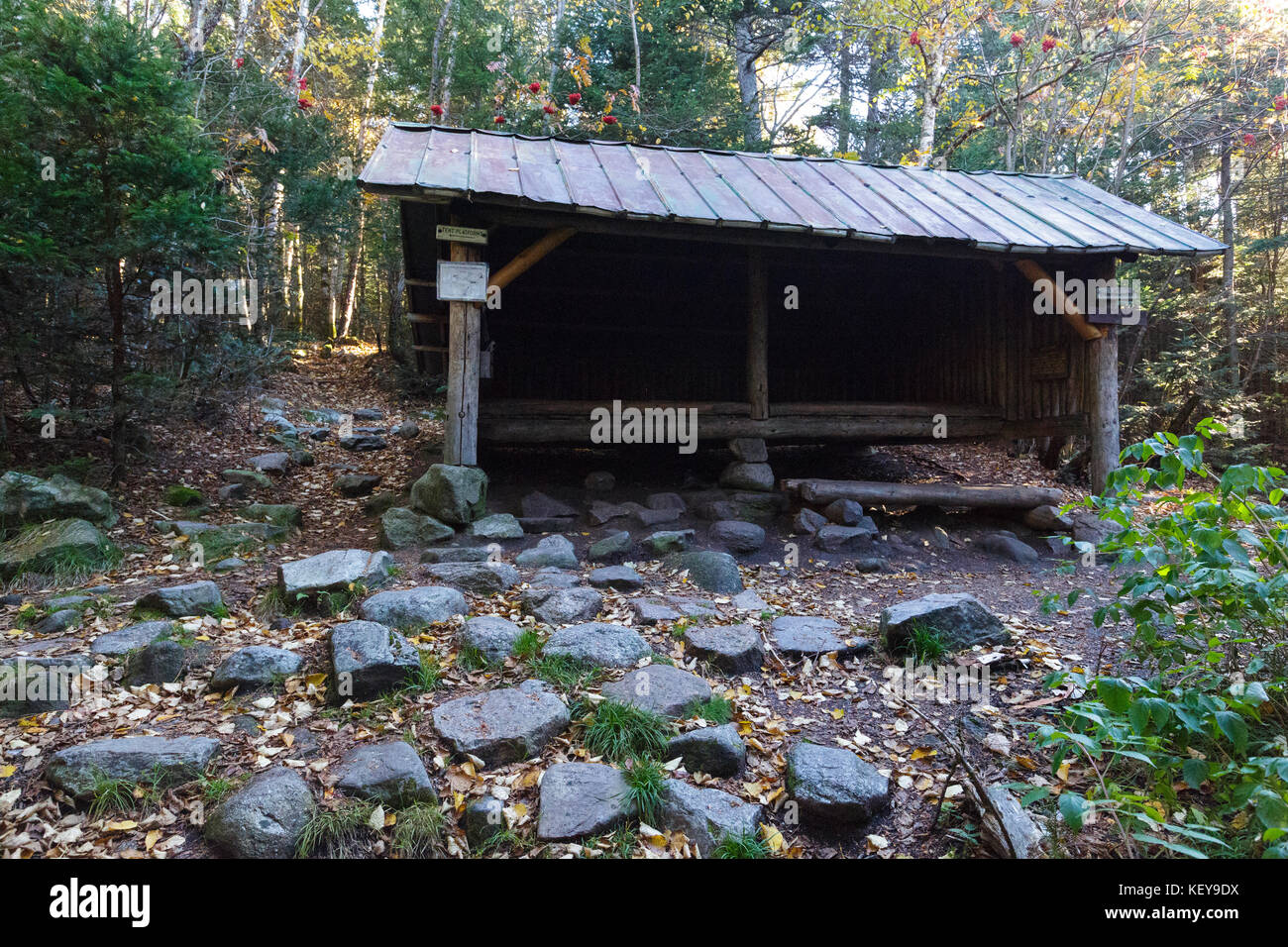 Ethan étang refuge situé juste à côté de l'étang d'Ethan Trail (Sentier des Appalaches) dans les montagnes Blanches du New Hampshire durant les mois d'automne. Banque D'Images