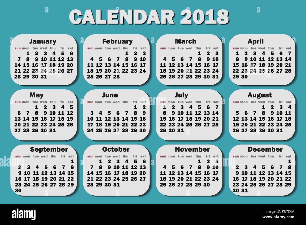 L'année 2018 CALENDRIER Semaine. commence à partir de lundi. modèle ...