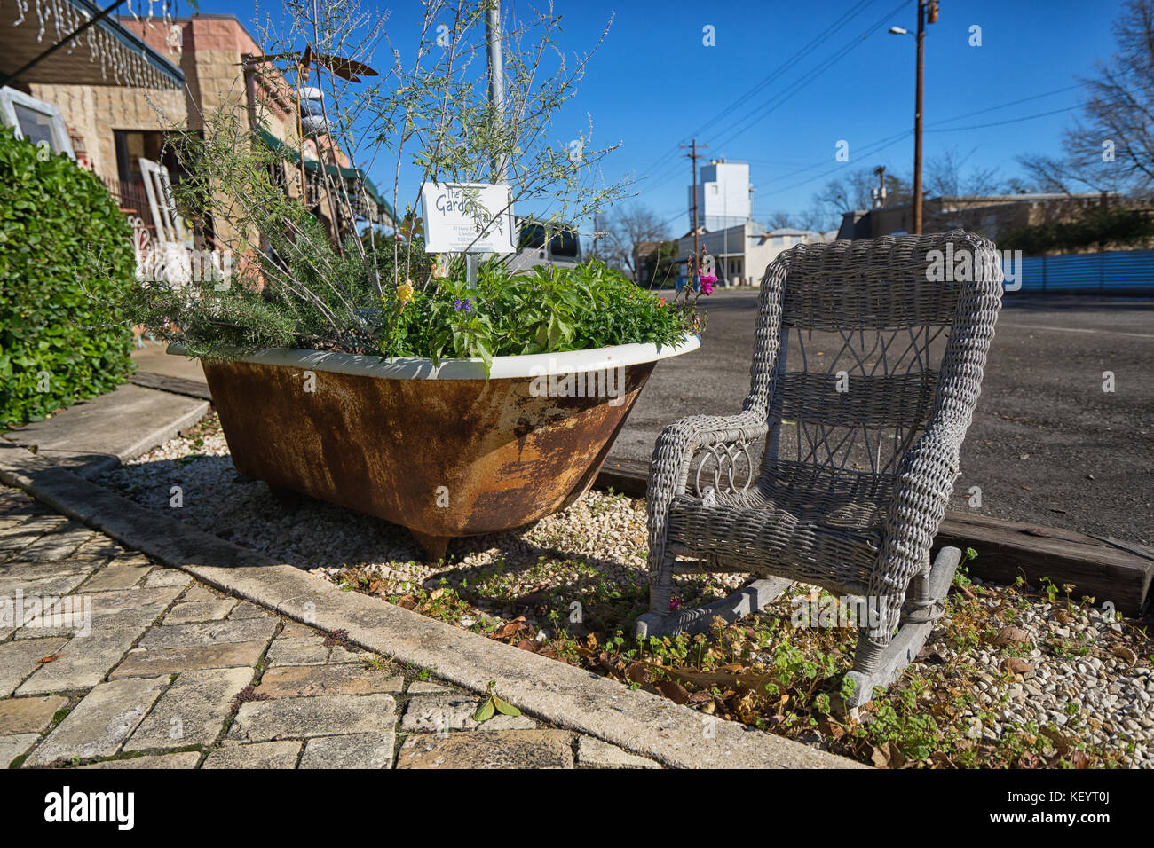 7 janvier, 2016 confort, Texas, USA : fleurs plantées dans une baignoire d'époque dans les rues de la petite ville historique Banque D'Images