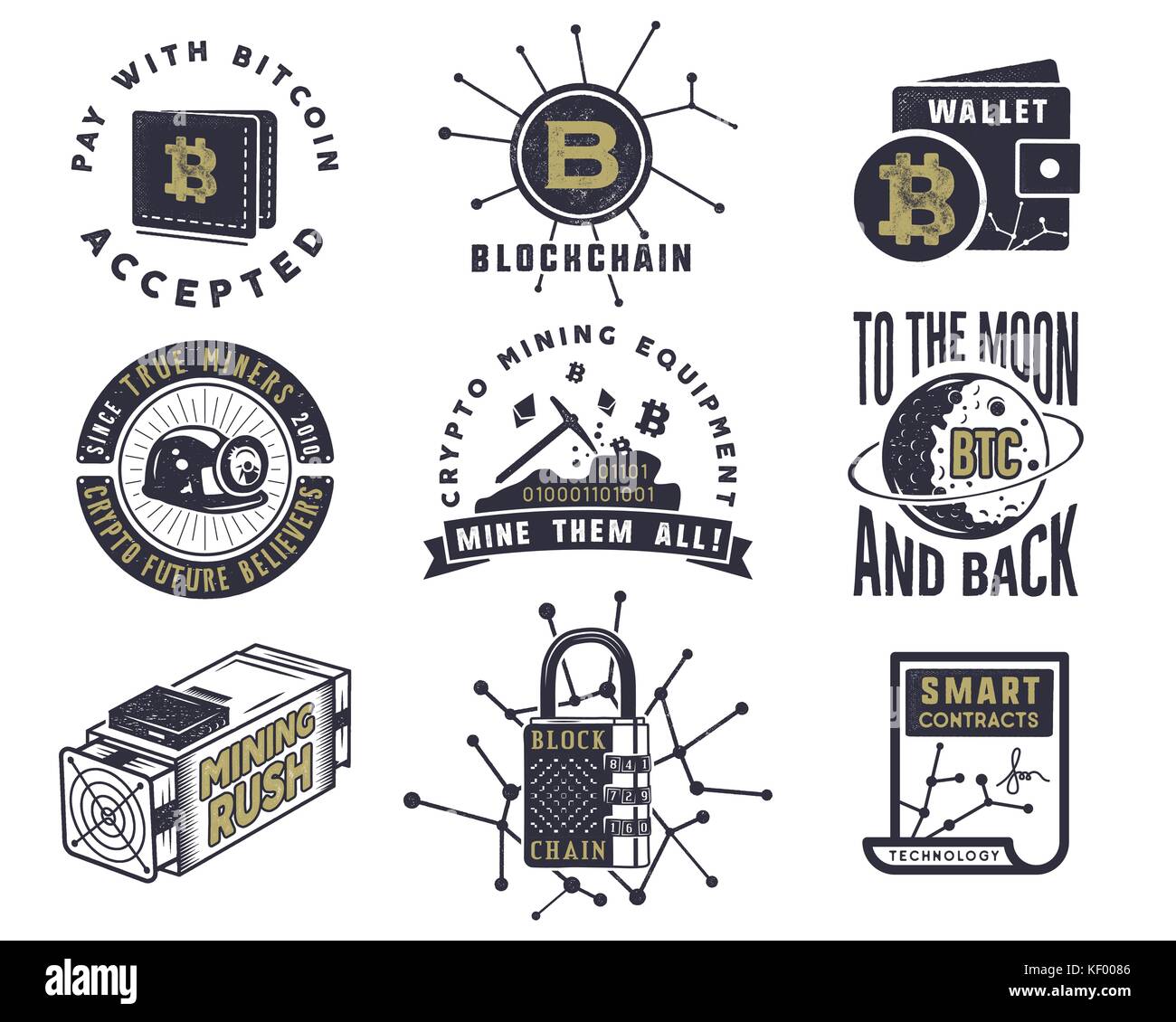 Blockchain, bitcoin, emblèmes et devises crypto . concepts actifs numériques logos. vintage han appelée design monochrome. technologie de badges. stock vector illustration isolé sur fond blanc Illustration de Vecteur