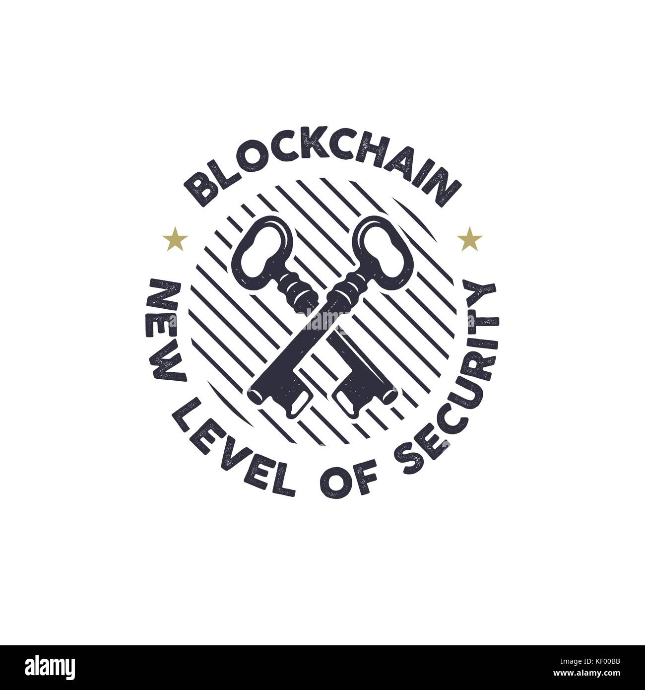 Blockchain - nouveau niveau de sécurité avec des clés concept emblème symbole. actifs numériques. logo vintage han appelée design monochrome. technologie minière crypto. badge transparente concept pattern, pioche et papier peint, bitcoin concept crypto. actifs numériques. arrière-plan dessiné han vintage design monochrome stock vector illustration isolé. Illustration de Vecteur