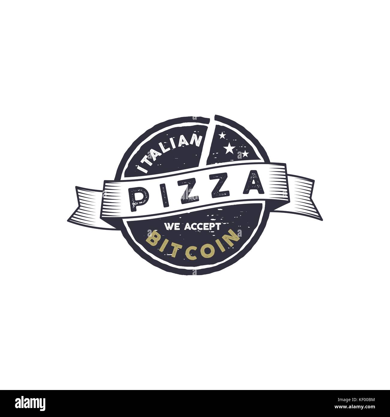 Pizza italienne pour emblème bitcoin. Nous acceptons btc logo design. les biens numériques pour des biens réels concept. vintage style dessiné à la main. stock vector illustration isolé sur fond blanc Illustration de Vecteur