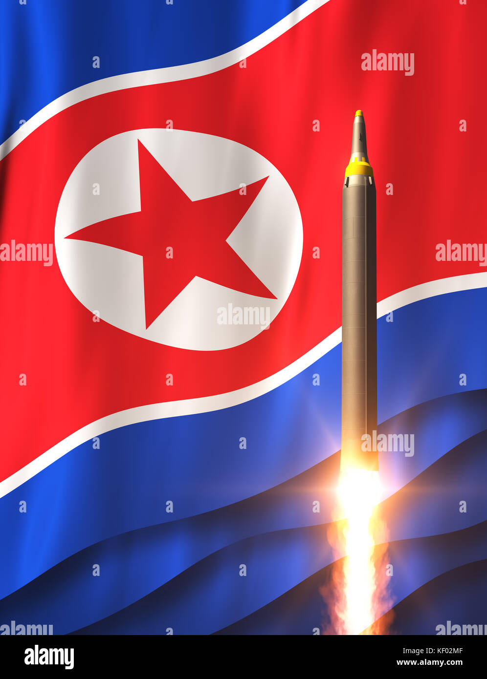Fusée sur l'arrière-plan du drapeau de la Corée du Nord Banque D'Images