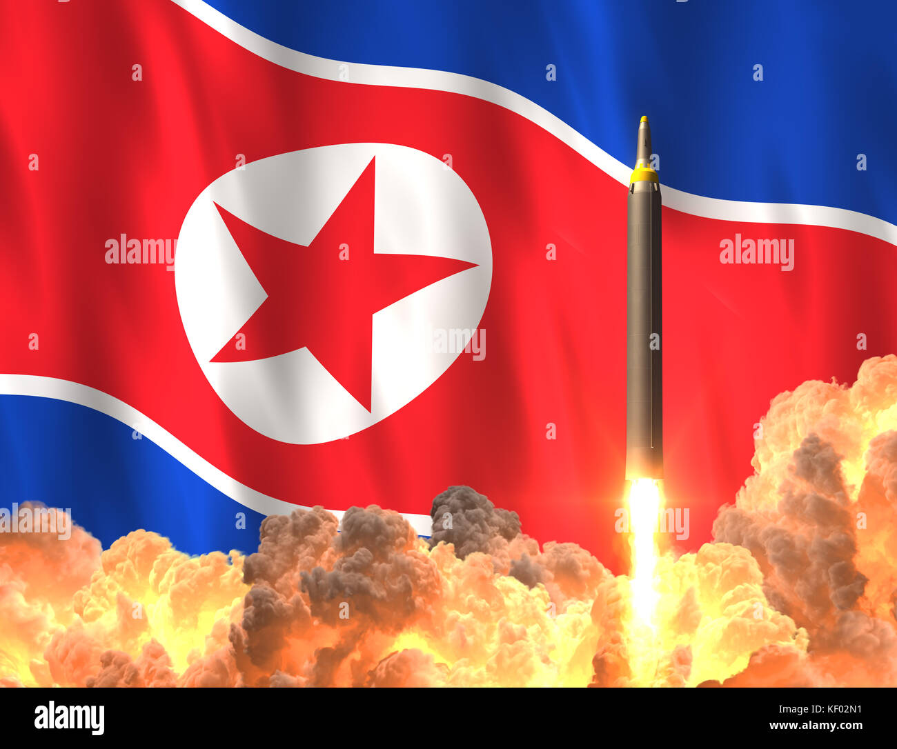 Lancement de fusées sur l'arrière-plan de drapeau de la Corée du Nord Banque D'Images
