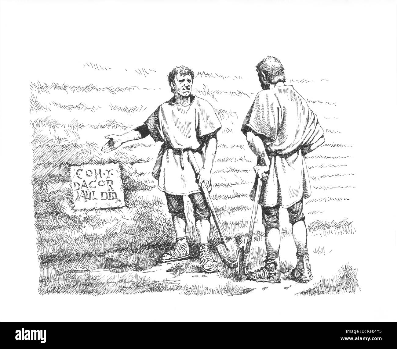 Mur d'Hadrien. Dessin de ligne de la reconstruction du deuxième siècle deux soldats romains ou travailleurs Anglo debout à côté d'une pierre de construction Banque D'Images Mur d'Hadrien. Dessin de ligne de la reconstruction du deuxième siècle deux soldats romains ou travailleurs Anglo debout à côté d'une pierre de construction Banque D'Images