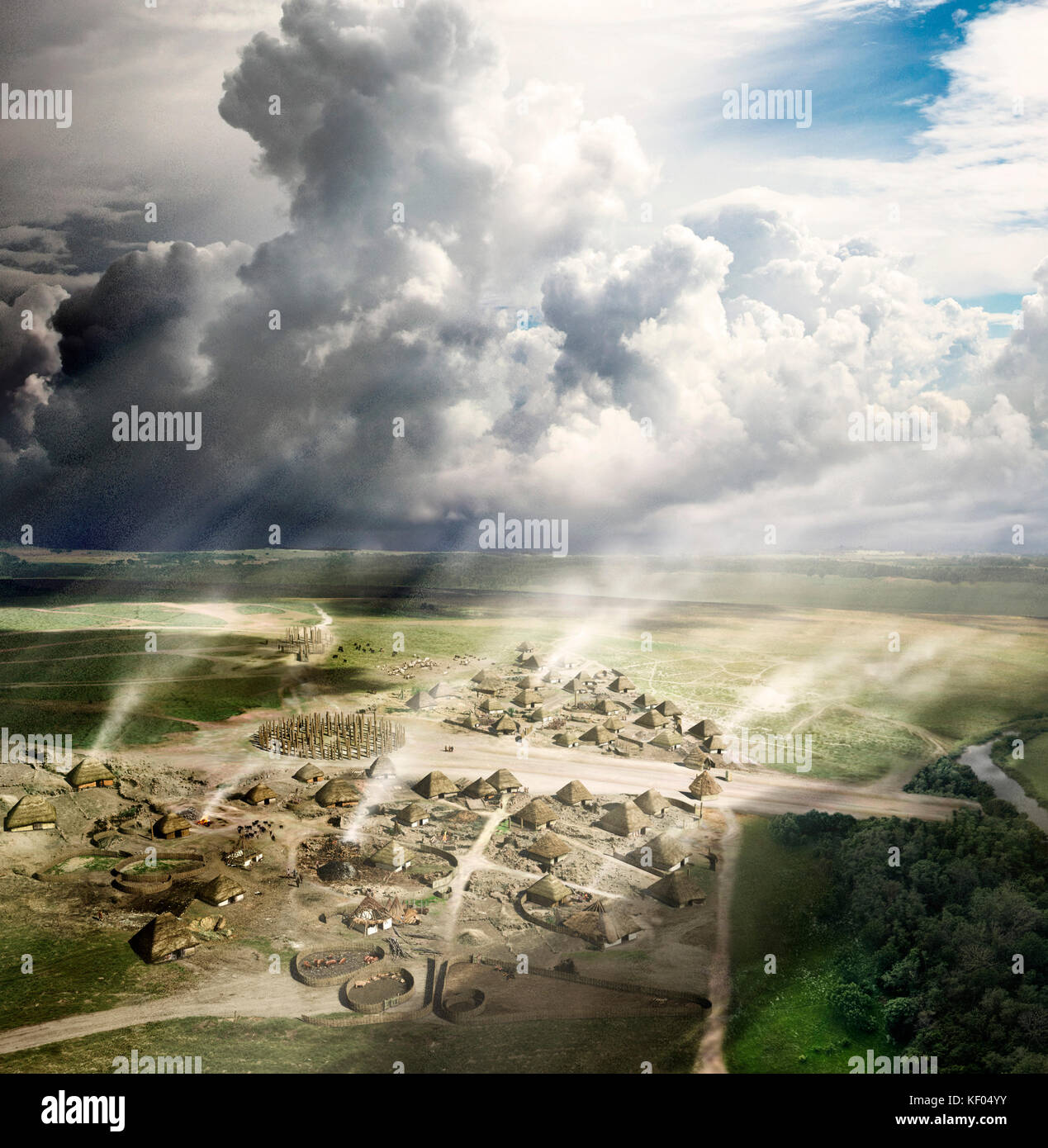 DURRINGTON WALLS, Wiltshire. La reconstruction montrant le village à Durrington Walls, près de Stonehenge en 2500BC, cette vue vers le nord, en Banque D'Images