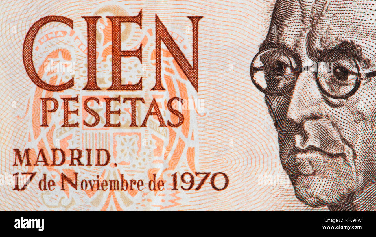 Détail d'un billet espagnol 100 pesota de 1970 montrant Manuel de Falla y Matheu (1876-1946: Compositeur espagnol) Banque D'Images