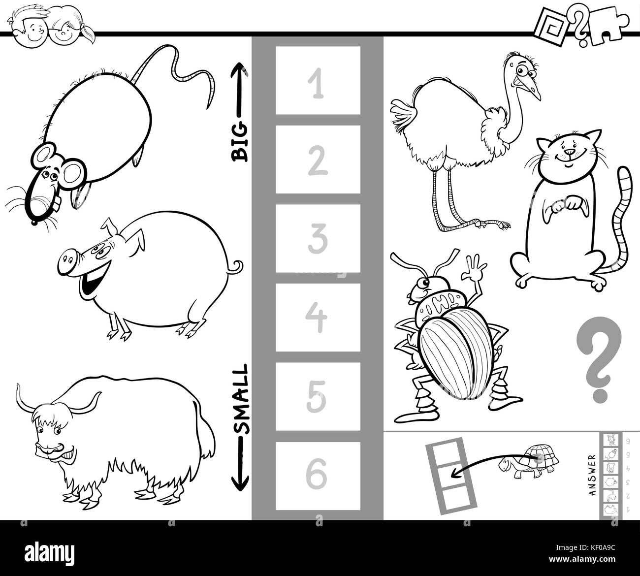 Cartoon noir et blanc illustration de jeu éducatif de trouver la plus grande et la plus petite des caractères des animaux pour les enfants Coloring Book Illustration de Vecteur