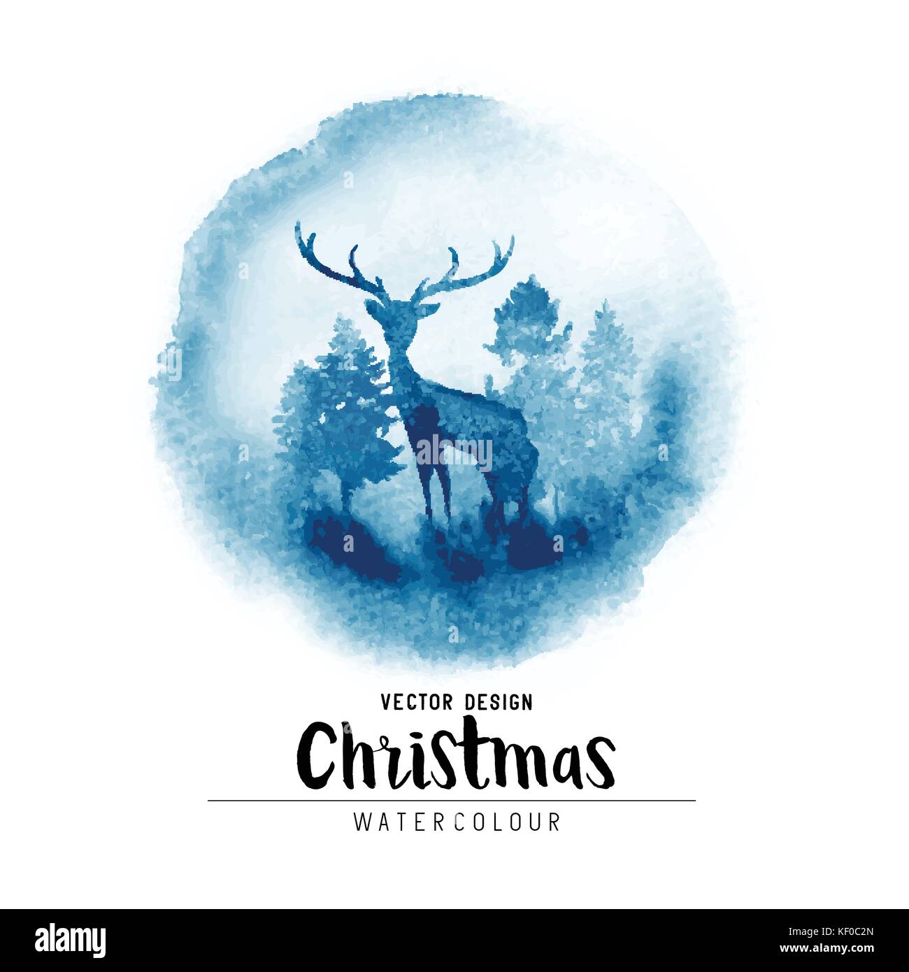 Une scène d'hiver aquarelle de Noël avec les arbres de Noël et un cerf. vector illustration décoration de Noël. Illustration de Vecteur