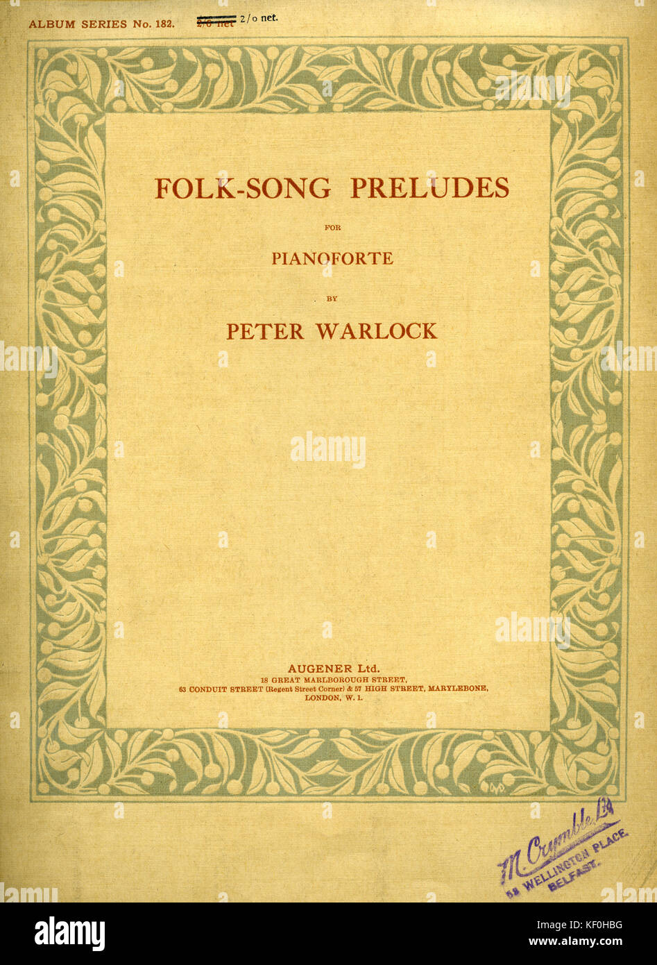 '' Peter Warlock Folk-Song préludes pour piano forte." La couverture de score. Publié par Augener, Londres, 1923. Peter Warlock (né Peter Arnold Heseltine), compositeur et critique musical Anglo-Welsh, 30 octobre 1894 - 17 décembre 1930. Banque D'Images