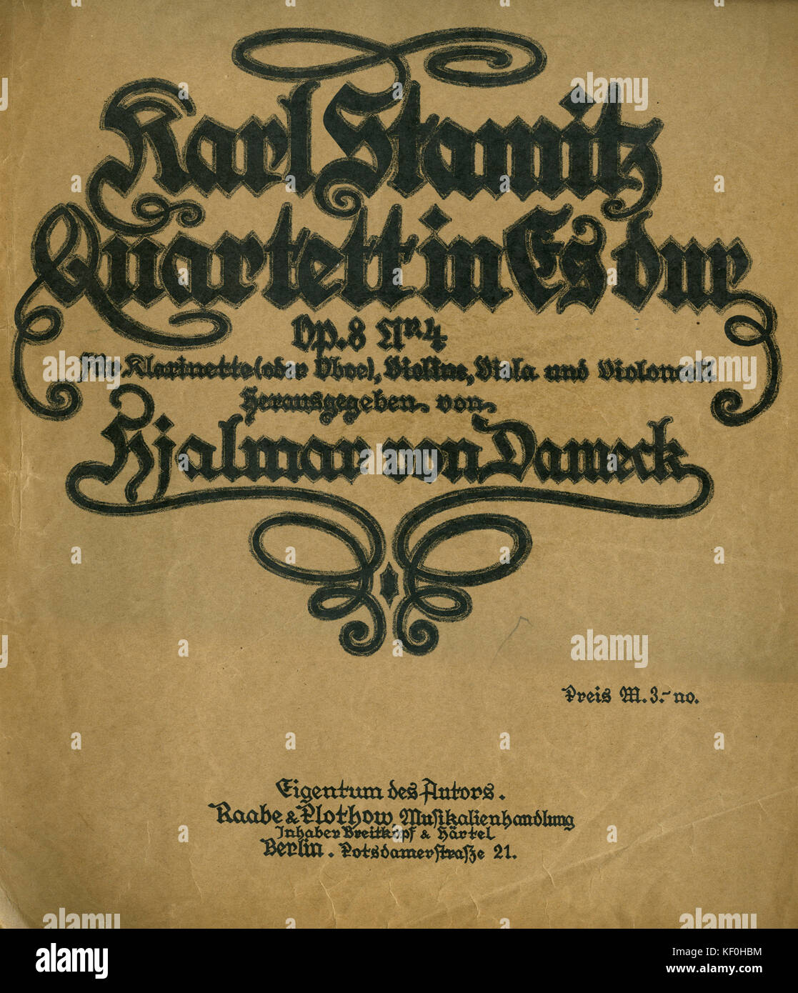 '' Karl Stamitz Quartett dans es dur," opus 8, pour la clarinette, violon, alto et violoncelle. Score couvrir. Publié Berlin, Raabe et Plothow. Banque D'Images