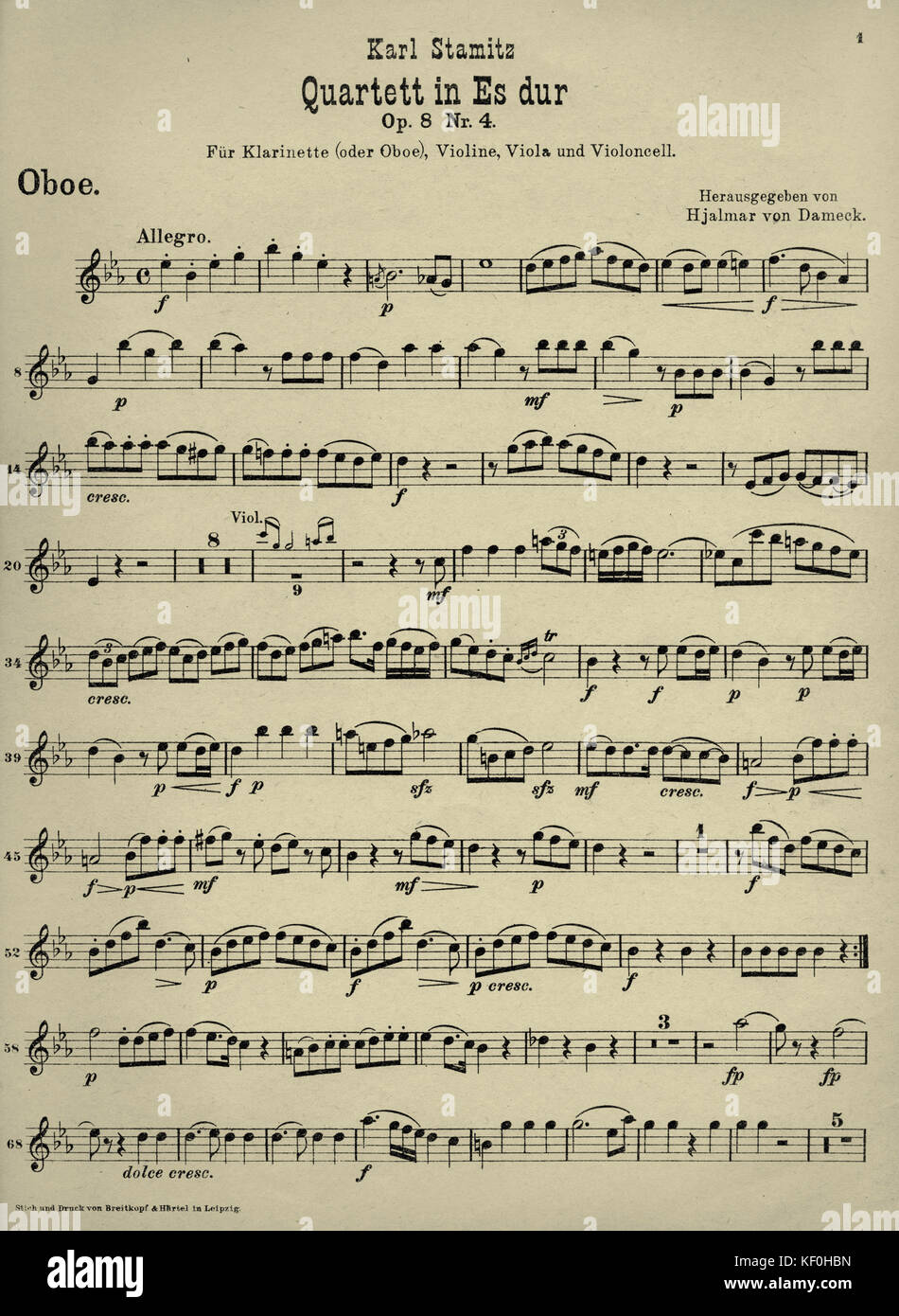 '' Karl Stamitz Quartett dans es dur," opus 8, no. 4 pour la clarinette (ou hautbois), violon, alto et violoncelle. Page d'ouverture de la notation. Publié Berlin, Raabe et Plothow. Banque D'Images