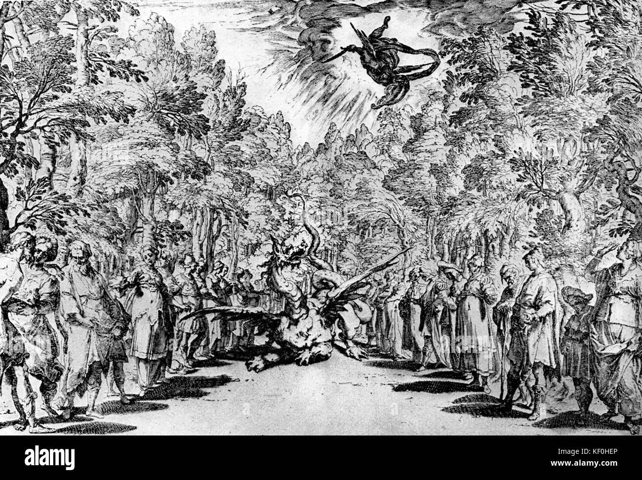 Auxi florentin de 1589 - Battaglia pitica. Conçu par Bernardo Buontalenti pour la troisième intermedio du mariage 1589 Medici : Apollo' s la descente de la nuée à vaincre le dragon Python. (Auxi a tenté de recréer ce qu'on croyait être le monde antique l'intégration de la musique, le théâtre et mise en scène). Banque D'Images